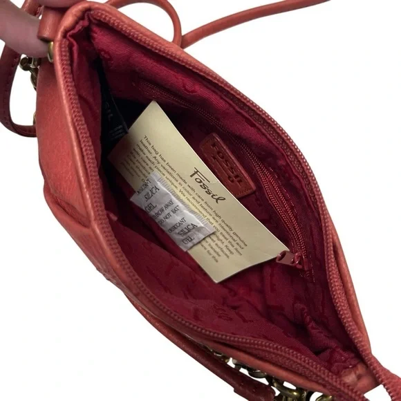 Fossil Crossbody Bag Convertible Leather & Chain Hand Shoulder Purse Orange/Red - Picture 3 of 10